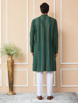 Green Embroidered Thread Work Sequinsed Chanderi Silk Straight Kurta with Pyjama