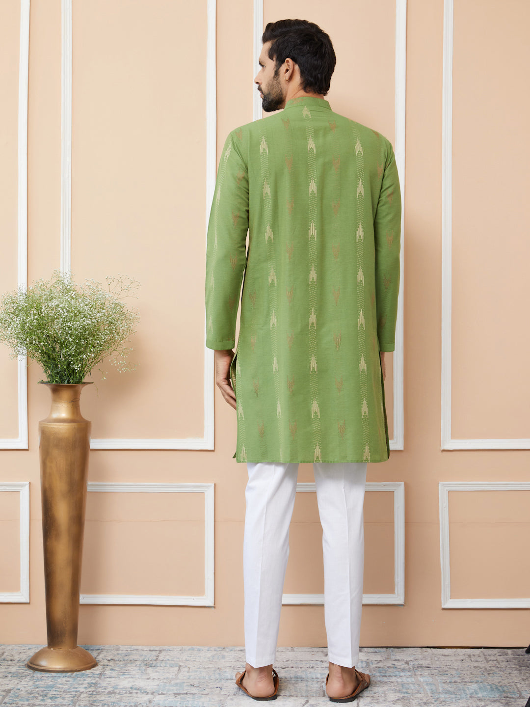 Green Cotton Handloom Motifs Straight Kurta with Pyjama