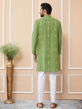 Green Cotton Handloom Motifs Straight Kurta with Pyjama