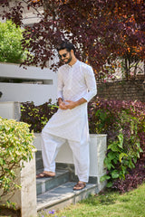 Men White Chikankari Embroidered Straight Kurta