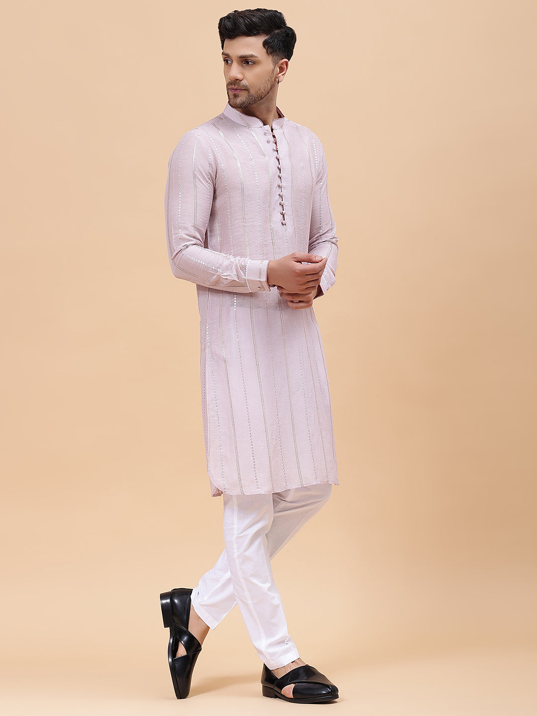 Men Pink Zari Wark Silk Woven Design Straight Kurta