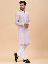 Men Pink Zari Wark Silk Woven Design Straight Kurta