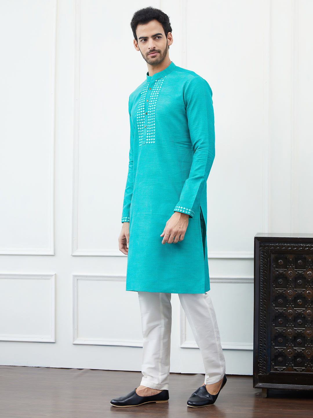 Riwaat.com Men Turquoise Sequence Mirror Work Cotton Kurta Riwaat Embroidered