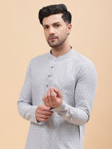 Men Silver & Black Pure Cotton Printed Straight Kurta With pyjama