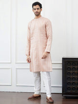 Men Peach with White Stripes Thread Work Cotton Kurta Set