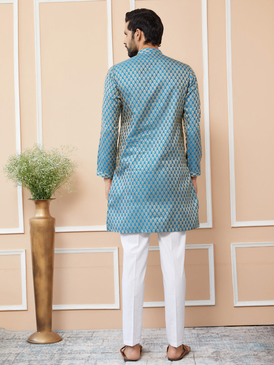 Blue-Beige Ethnic Motifs Silk Jacquard Woven Design Straight Kurta with Pyjama