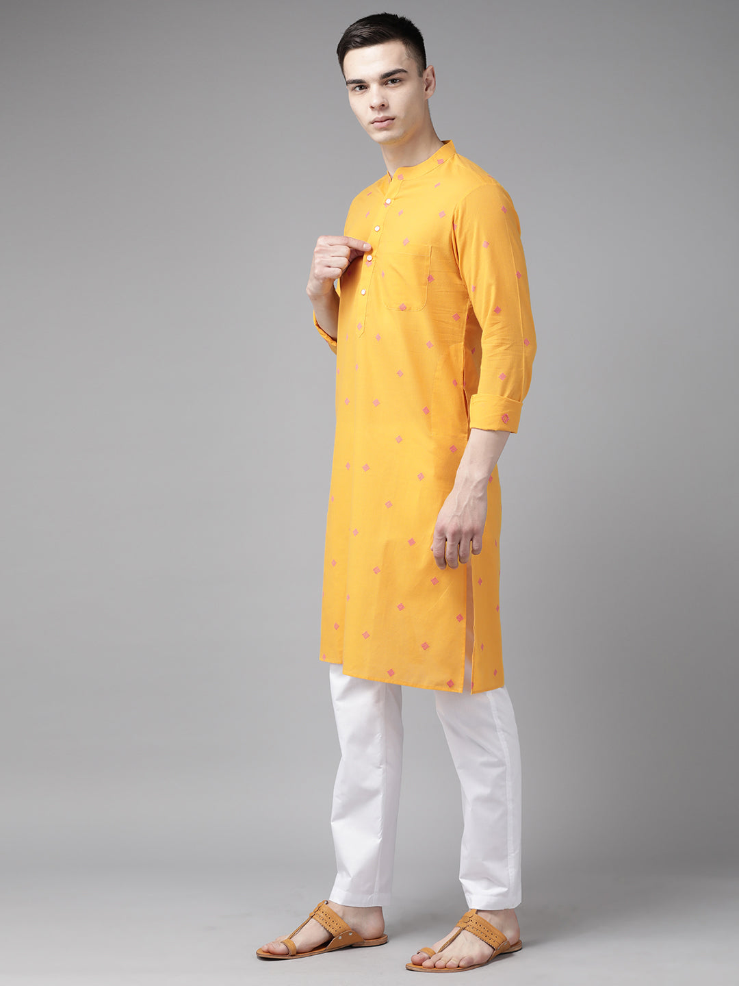 Riwaat.com Men Yellow & Maroon Woven Design Straight Kurta With Pajama Riwaat Haldi Woven Design