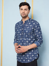 Men Blue & White Printed Cotton Short Kurta