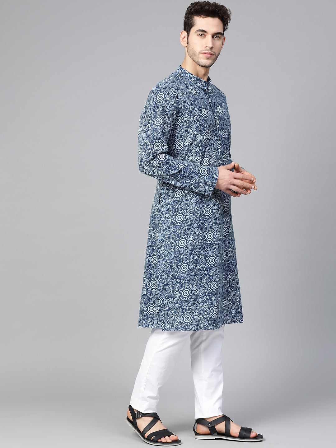 Riwaat.com Men Blue Indigo Hand Block Print Straight Sustainable Kurta Riwaat Printed