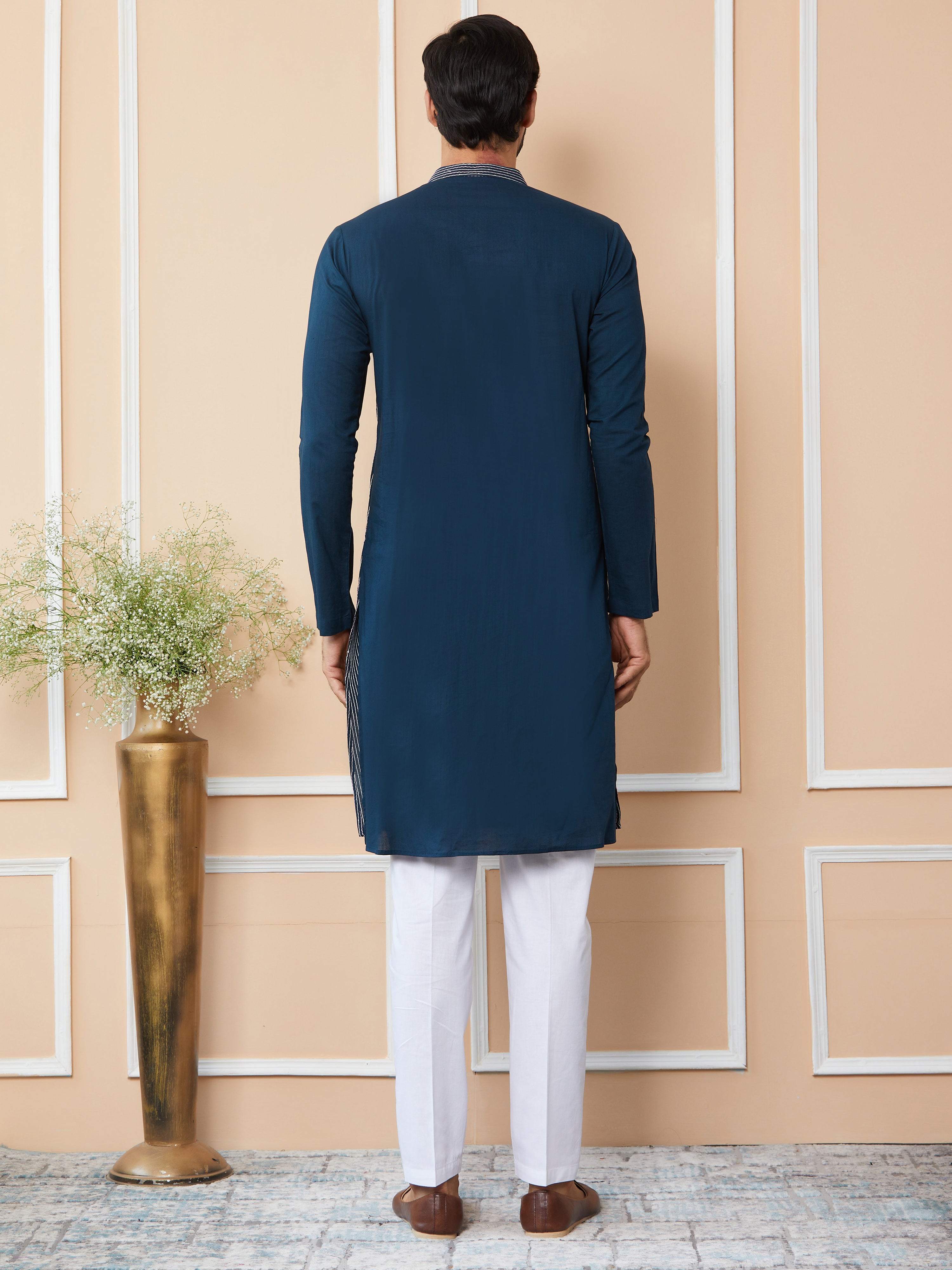 Dark Blue Thread & Sequins Worked Pure Cotton Straight Kurta with Pyjama