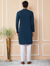 Dark Blue Thread & Sequins Worked Pure Cotton Straight Kurta with Pyjama