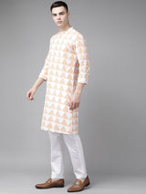 Riwaat.com Men White & Orange Stripe Printed Straight Kurta With Pajama Riwaat Printed