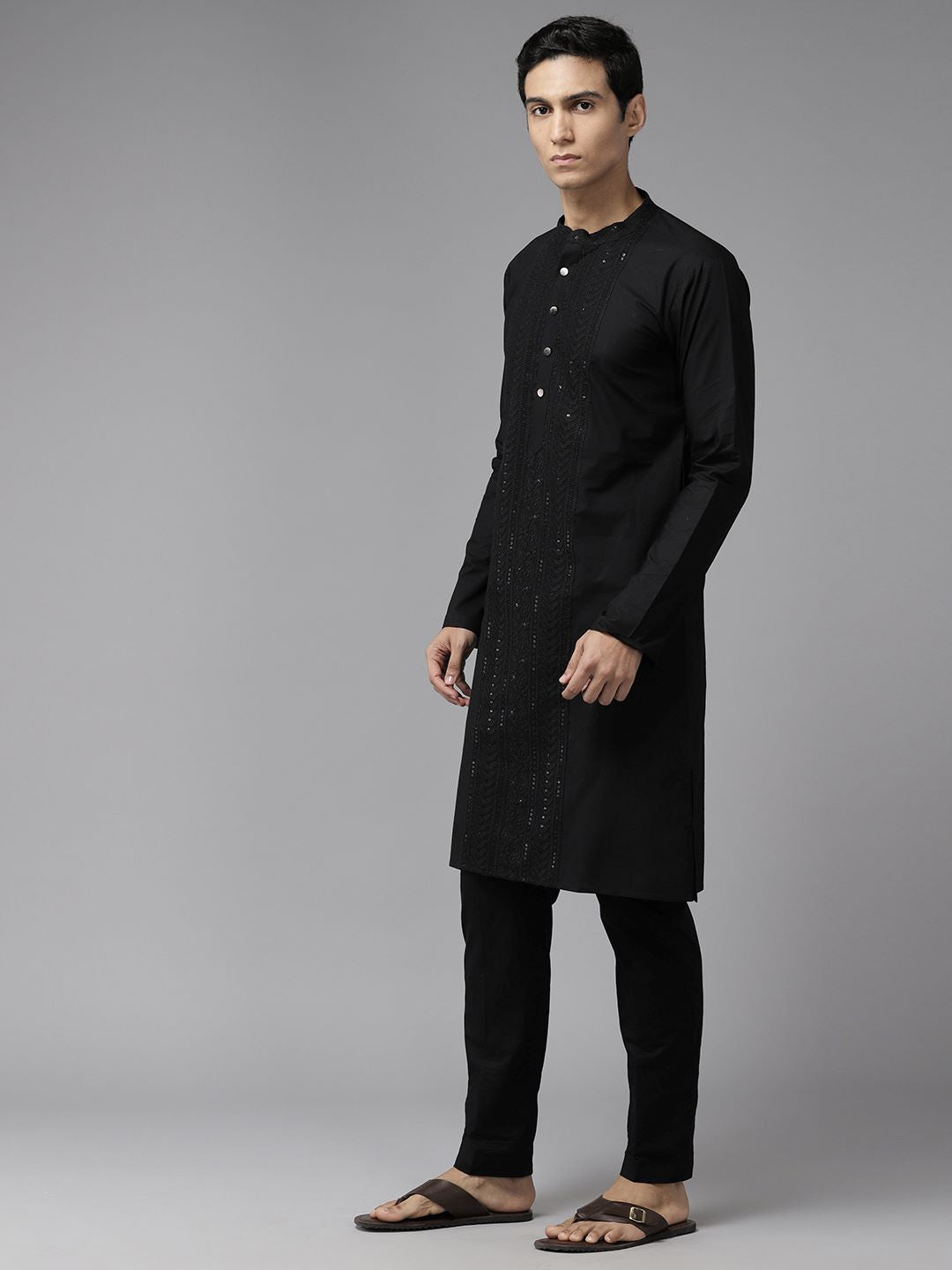 Men Midnight Black Pure Cotton Embroidered Straight Kurta With Pajama