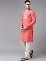 Men Coral Red with Striped Accents Silk Woven Design Straight Kurta With Pajama