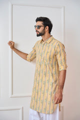 Riwaat.com Yellow Regular Pure Cotton Pathani Kurta Riwaat Floral Haldi Pathani