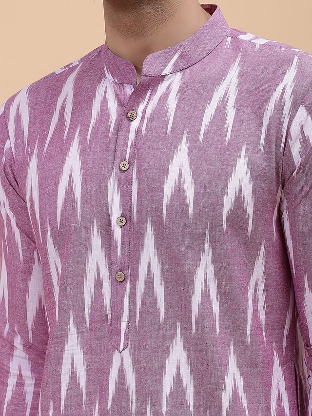 Men Lavender & White Pure Cotton Printed Straight Kurta With pyjama