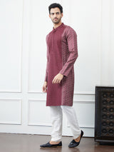 Riwaat.com Men Maroon & Gold Thread Work Embroidery Cotton Silk Kurta Riwaat Embroidered