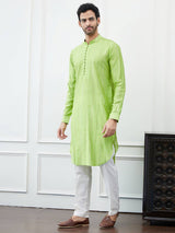 Men Bright Lime Green with Subtle Silver Sequin Stripes Cotton Kurta Set