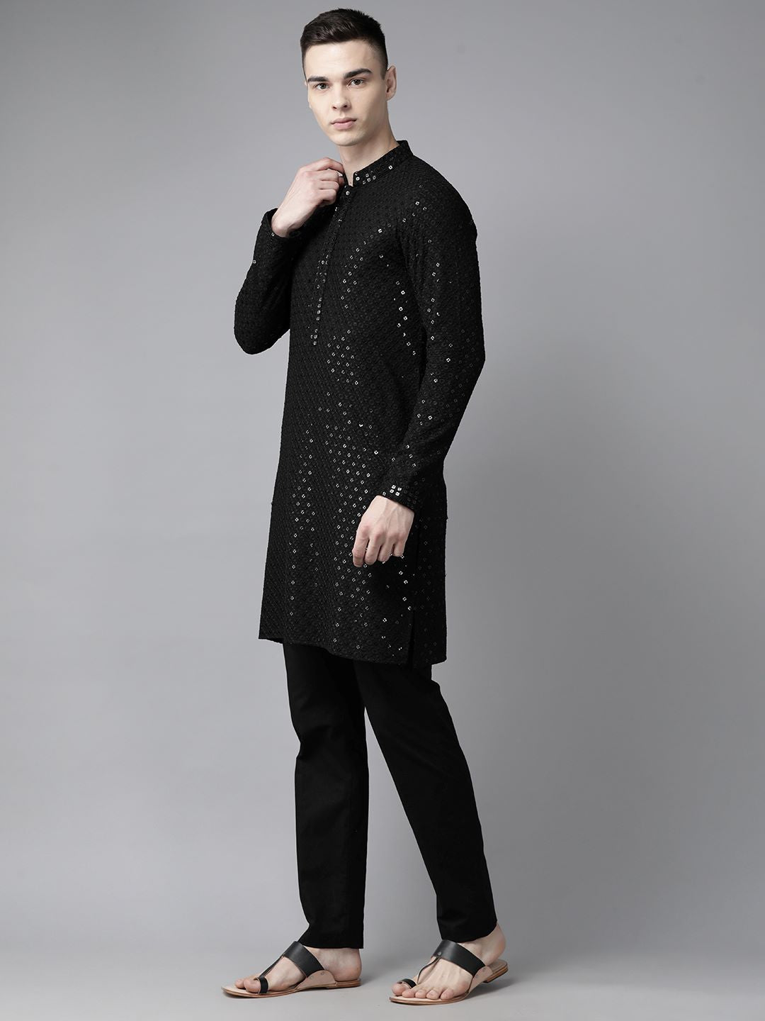 Men Black Floral Embroidered Sequined Rayon Kurta