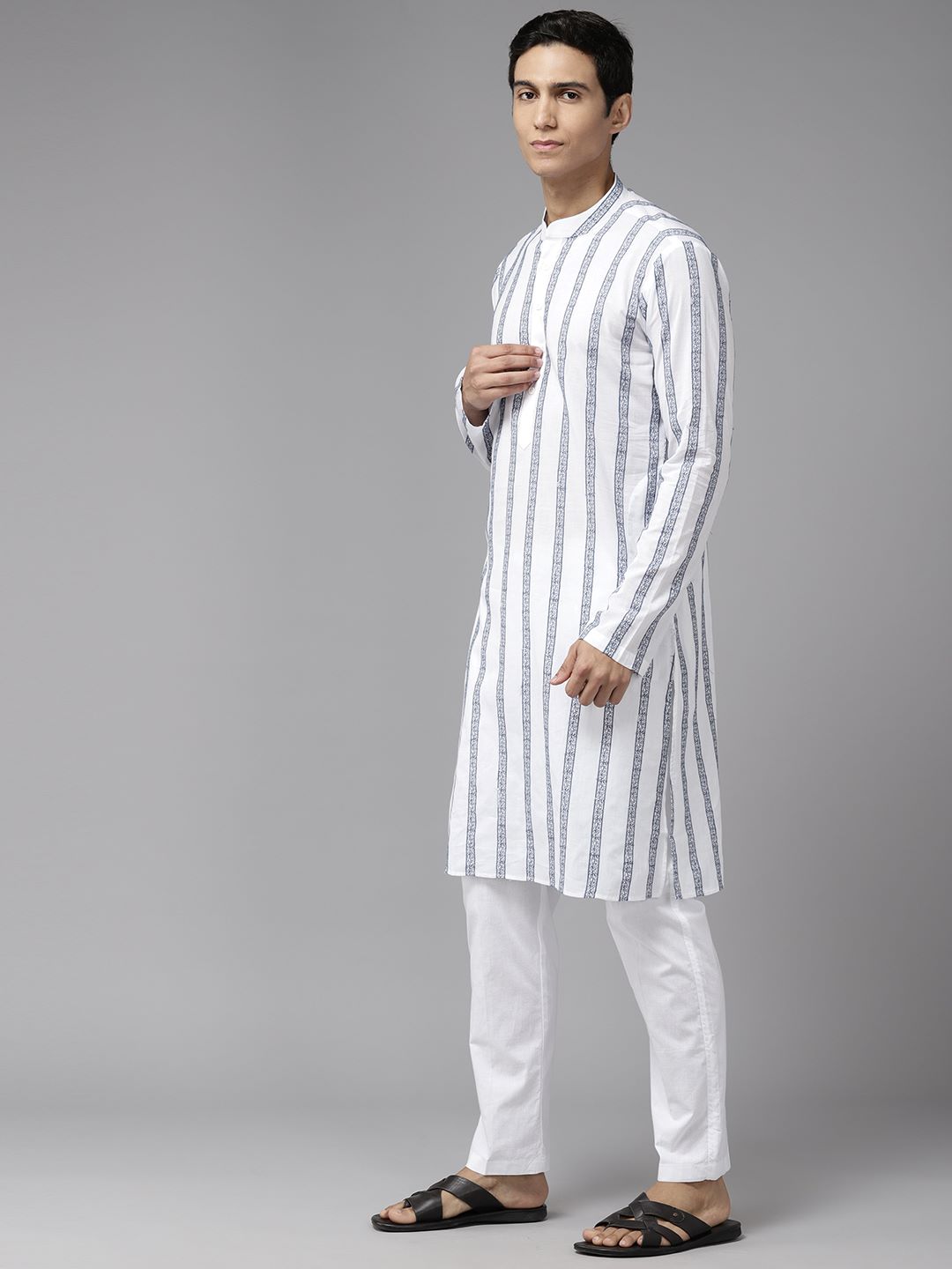 Men White & Grey Pure Cotton Embroidered Straight Kurta With Pajama