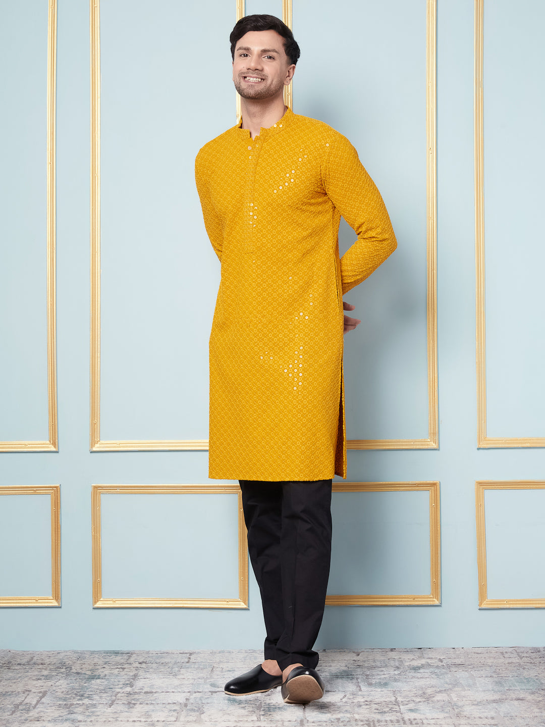 Men Golden Sunrise Embroidered Sequined Rayon Kurta