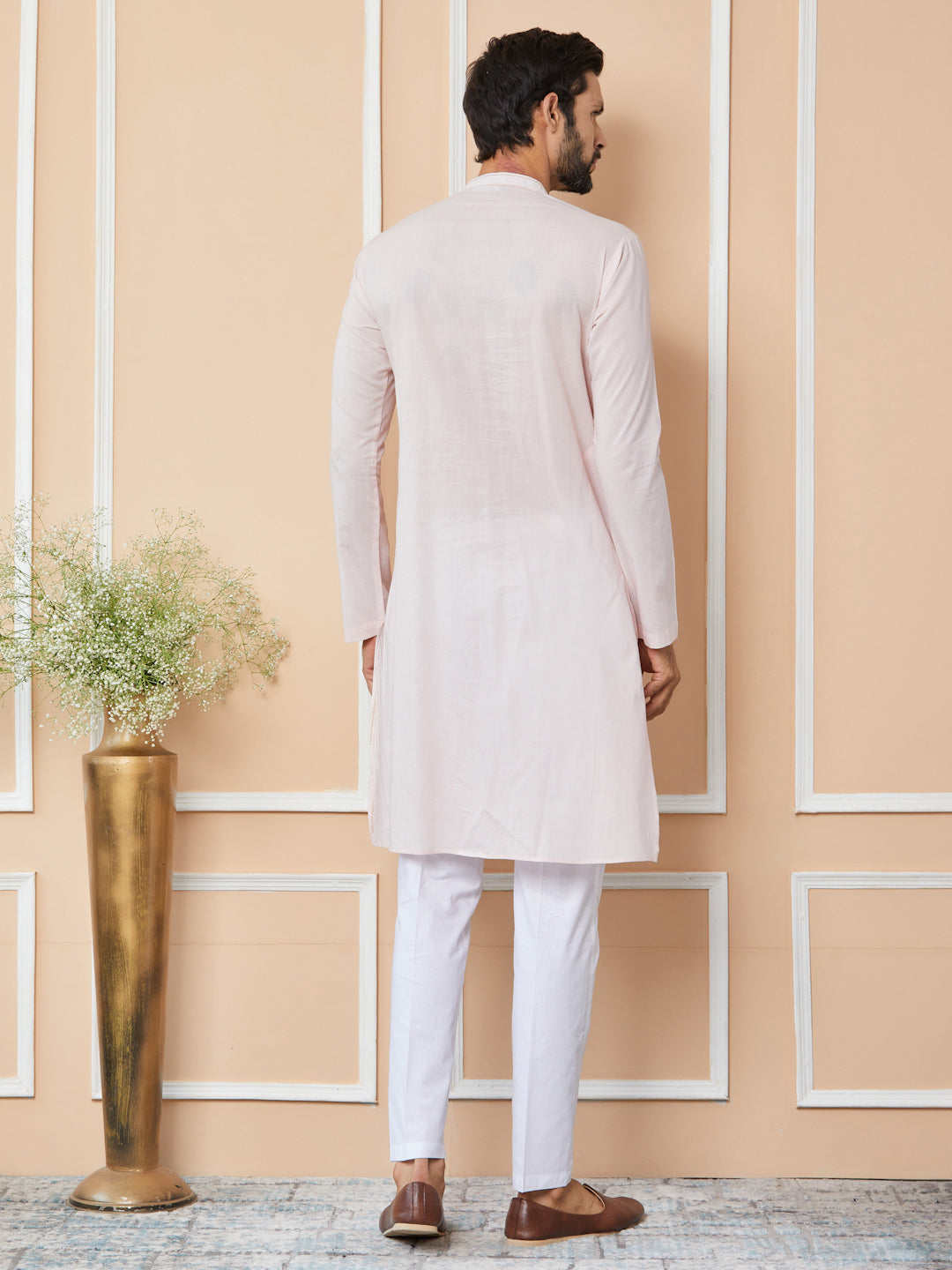 Light Pink Thread & Sequins Worked Pure Cotton Straight Kurta with Pyjama