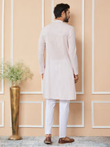 Light Pink Thread & Sequins Worked Pure Cotton Straight Kurta with Pyjama