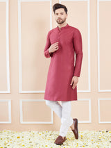 Men Burgundy Cotton Solid Straight Kurta With Pyjama