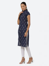 Women Navy Blue & White Khari Print Straight Kurti