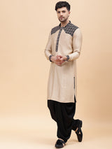 Men Gold & Black Silk Woven Design Straight Kurta With pyjama