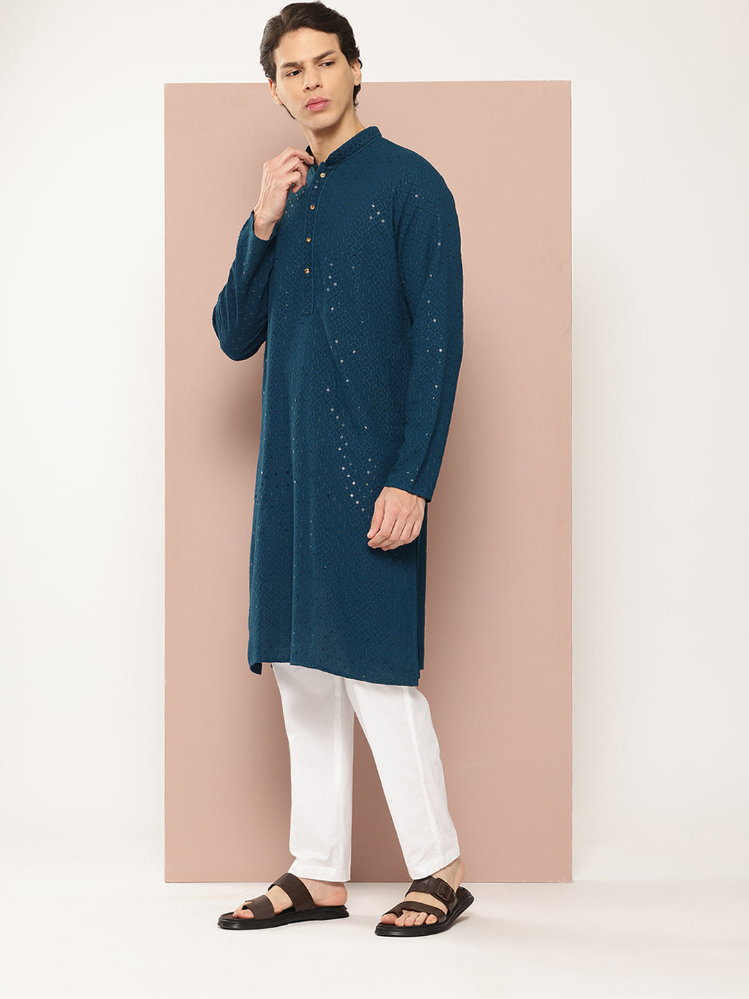 Men Teal Embroidered Sequin Rayon Kurta
