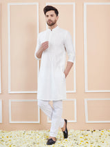Off White Cotton Solid Straight Kurta with Pintuck Yoke Neck and Pyjama
