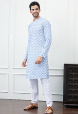 Men White And Blue Cross Pattern Chikankari Embroidered Cotton Kurta