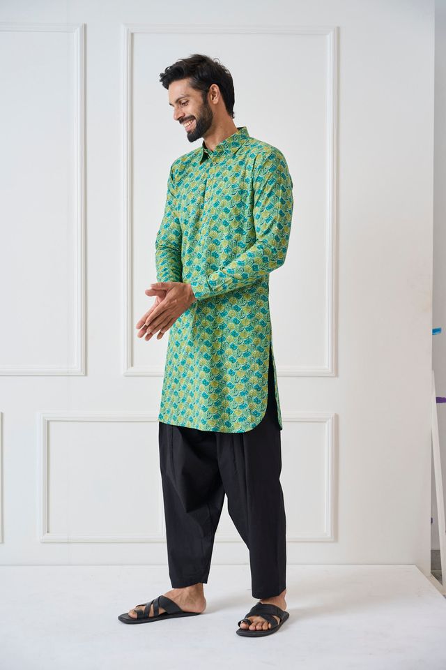Men Green Regular Pure Cotton Pathani Kurta With Black Salwar