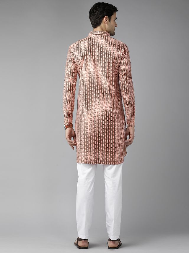 Men Peach Regular Pure Cotton Pathani Printed Men's Kurta