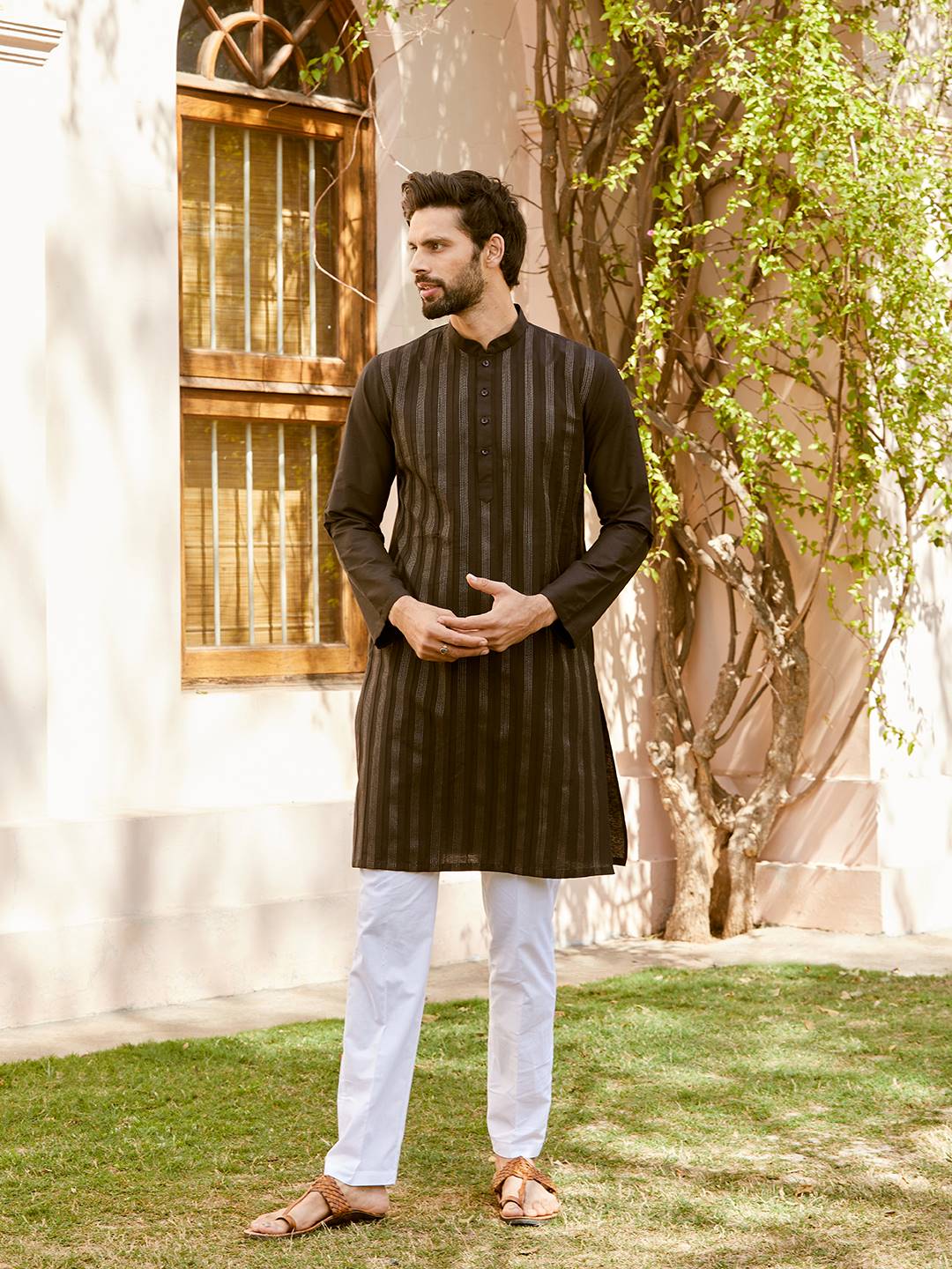 Men Deep Black with Subtle Grey Stripes Pintex Design Thread Work Cotton Kurta With Pajama