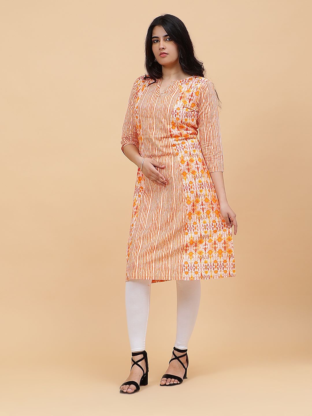 Women Coral And White Color Printed Yoke Design Cotton Kurti