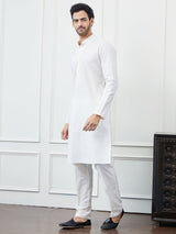 Men White Solid Yoke Design Embroidery Cotton Kurta