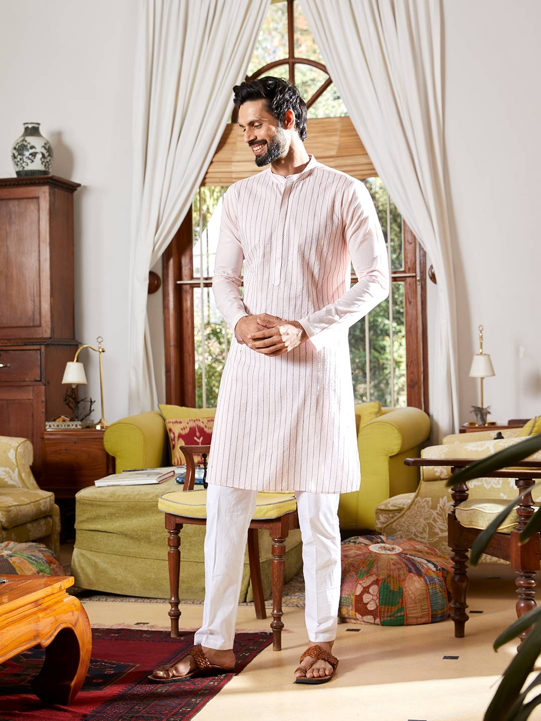 Men Light Rose Pink with Navy Blue Stripes Pintex Design Sequins Cotton Kurta With Pajama