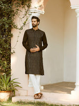 Men Jet Black with Silver Stripes Chanderi Silk Sequins Kurta With Pajama