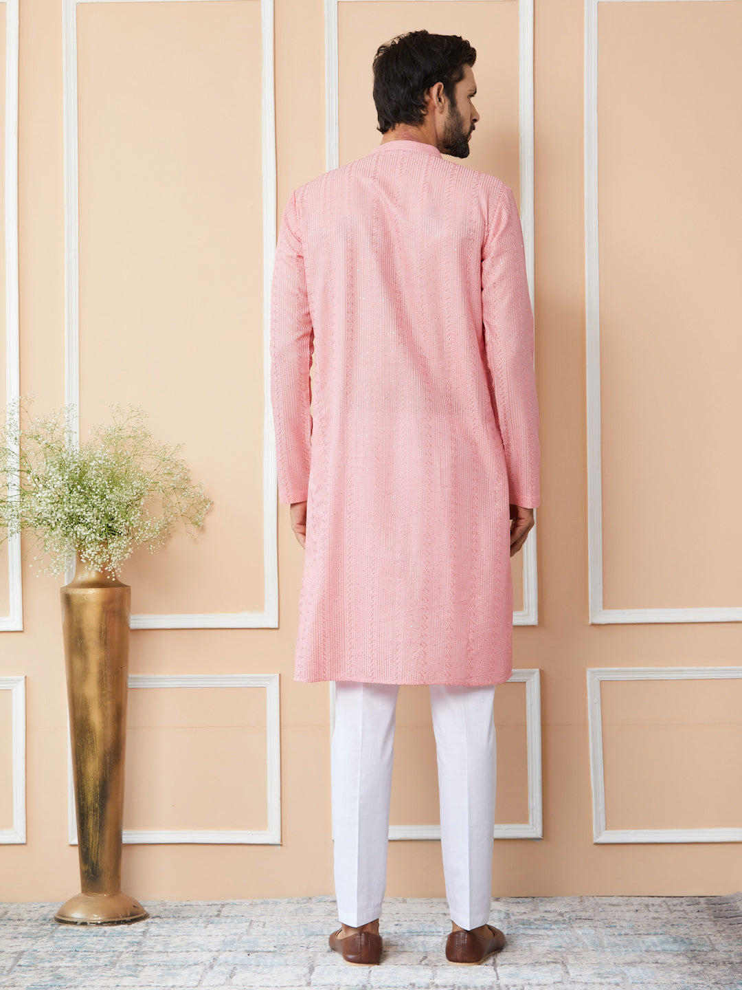 Pink Embroidered Thread Work Sequinsed Chanderi Silk Straight Kurta with Pyjama
