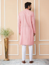 Pink Embroidered Thread Work Sequinsed Chanderi Silk Straight Kurta with Pyjama