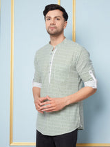 Men Green & White Printed Cotton Short Kurta