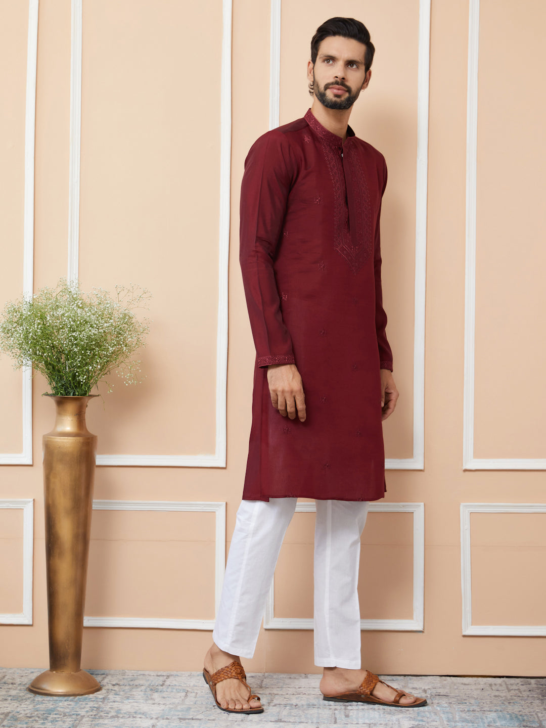 Maroon Embroidered Chanderi Silk Straight Kurta with Pyjama
