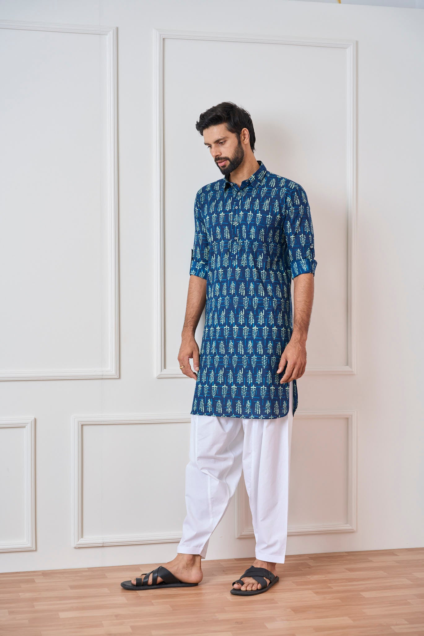 Riwaat.com Men Indigo Regular Pure Cotton Pathani Kurta Riwaat Floral Pathani