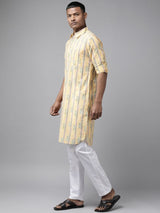 Yellow Regular Pure Cotton Pathani Printed Men's Kurta