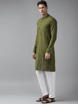 Men Olive Green Cotton Straight Kurta with Slub Effect