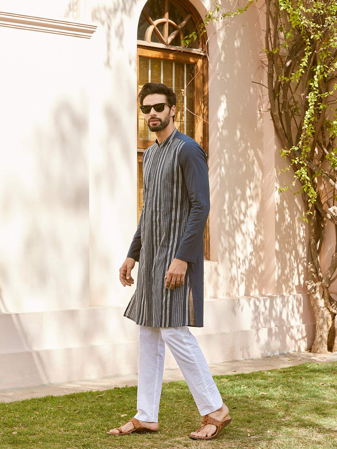 Men Navy Blue with Stripes Pintex Design Sequins Cotton Kurta with Pajama