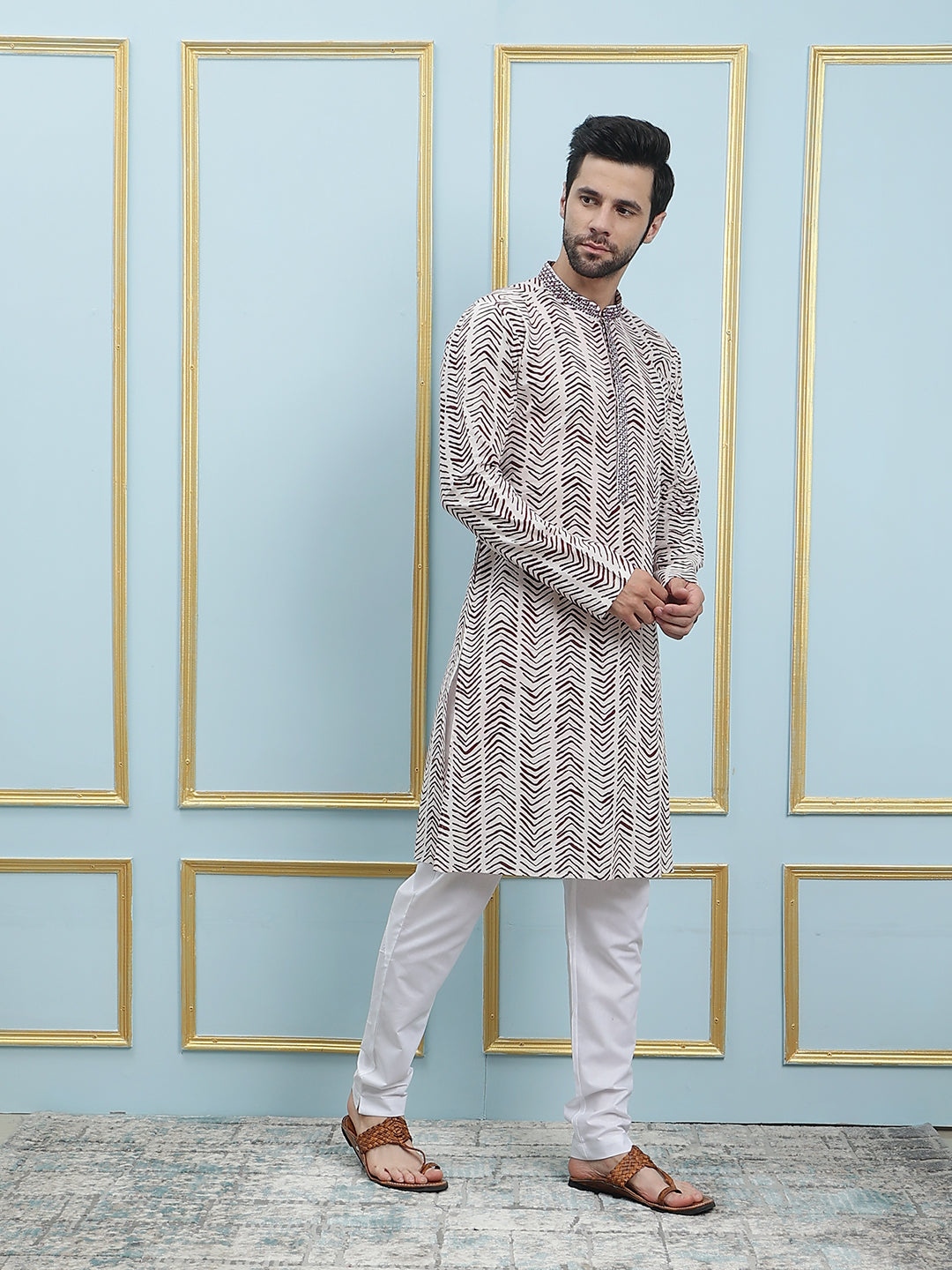 Riwaat.com Men White & Maroon Flacket Embroidery Cotton Kurta Riwaat Embroidered