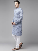 Men Blue with Dark Blue Stripes Pure Cotton Printed Straight Kurta With Pajama